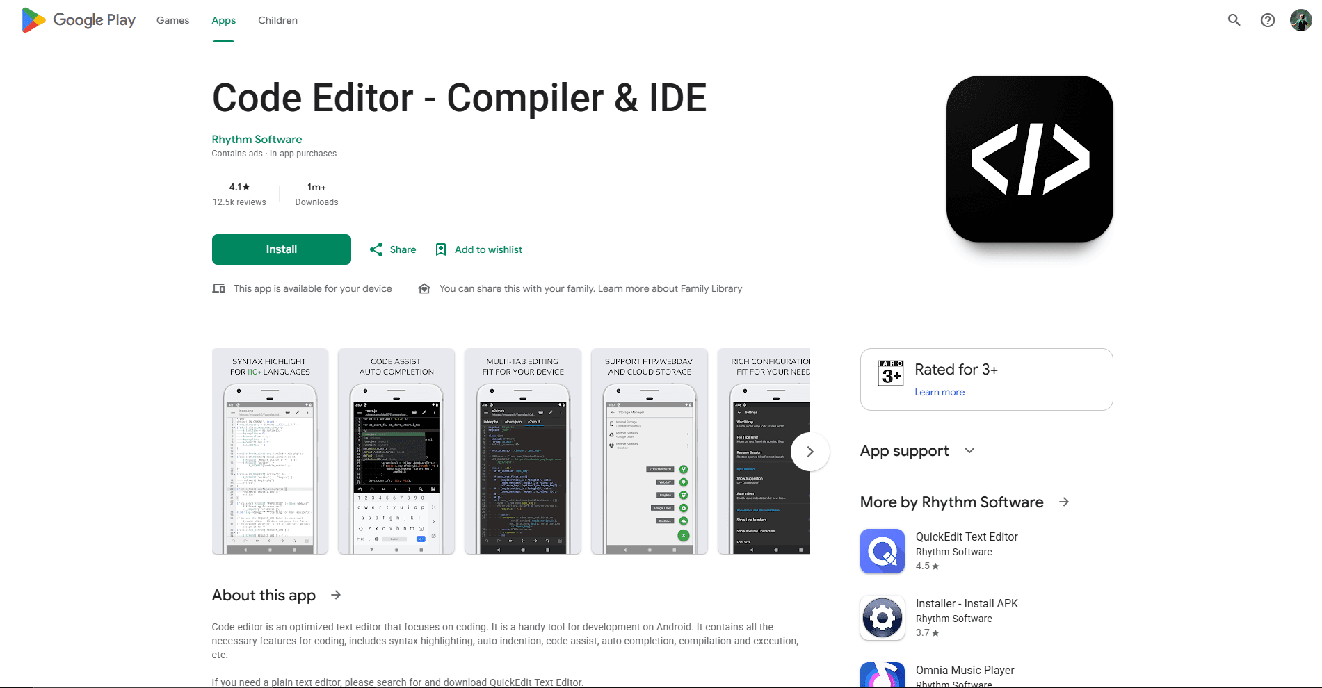 Code Editor on Android showing a code file and project tools