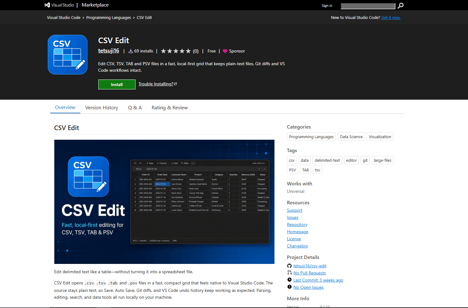 CSV Edit extension for VS Code