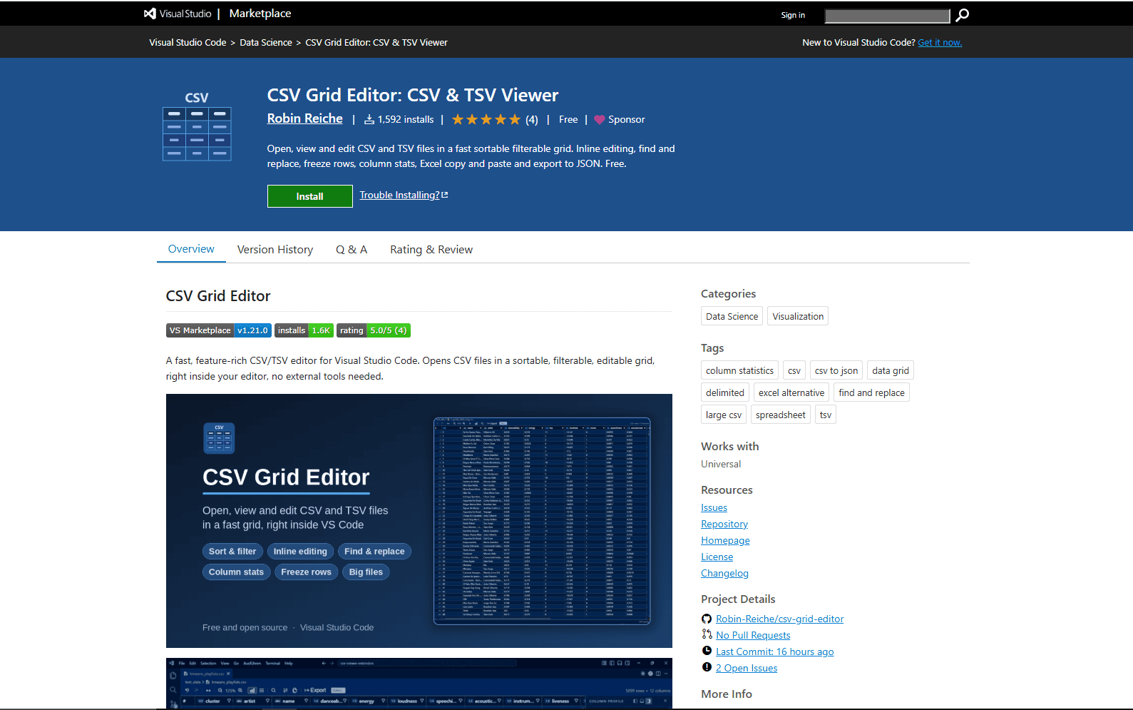 CSV Grid Editor extension for VS Code