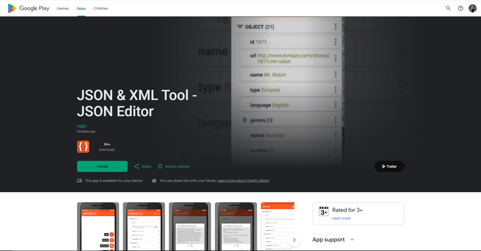 JSON and XML Tool hierarchical JSON editor on Android