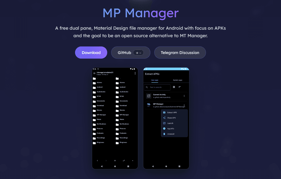 MP Manager on Android showing binary XML and APK editing tools
