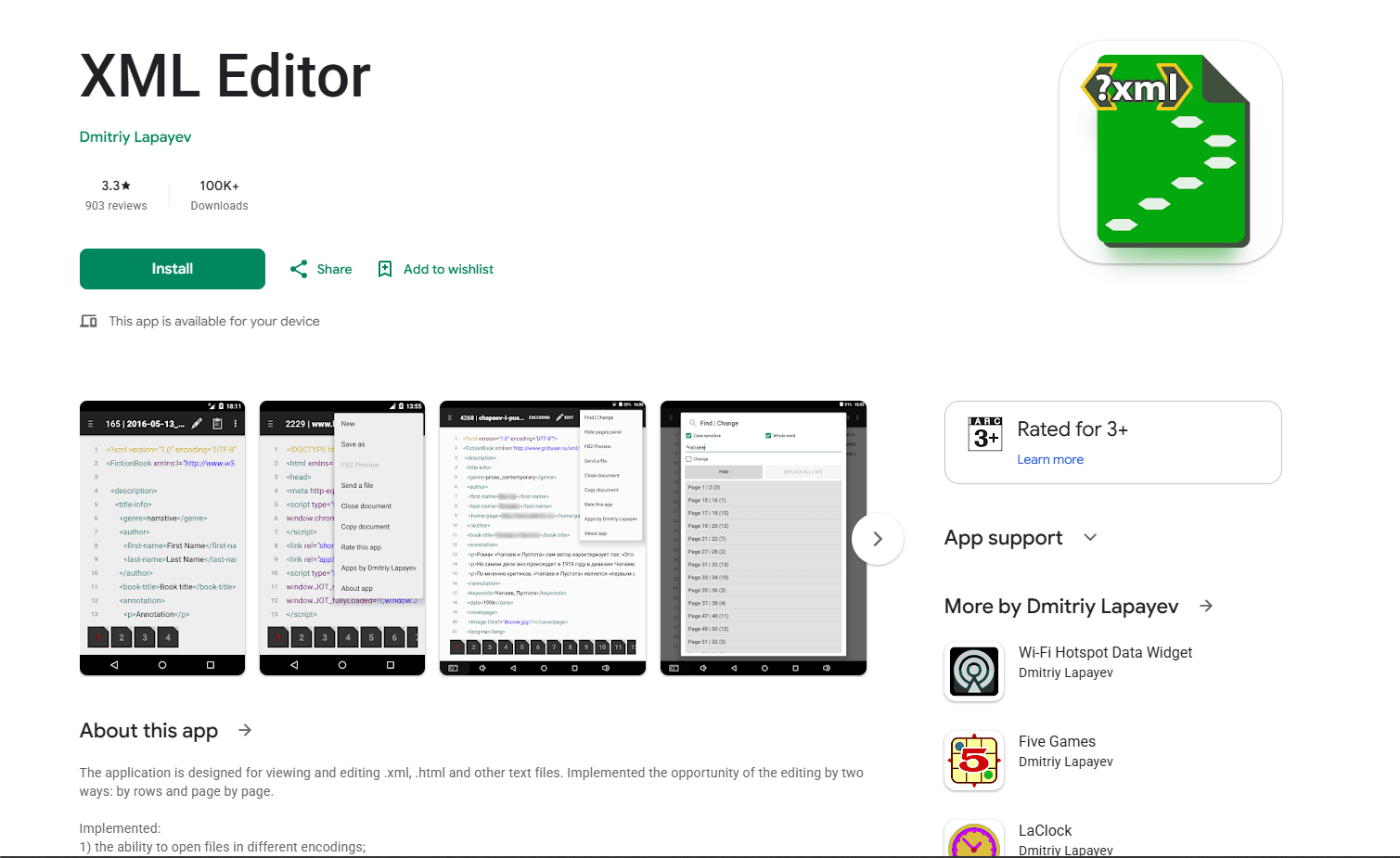 XML Editor by Lapay on Android showing XML file with syntax highlighting