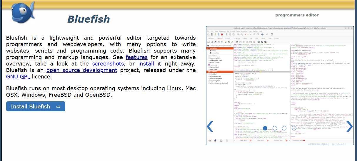 Bluefish editor showing HTML project with multiple files