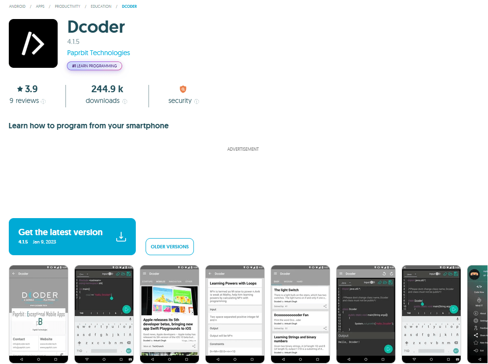 Dcoder showing HTML code with preview and community section