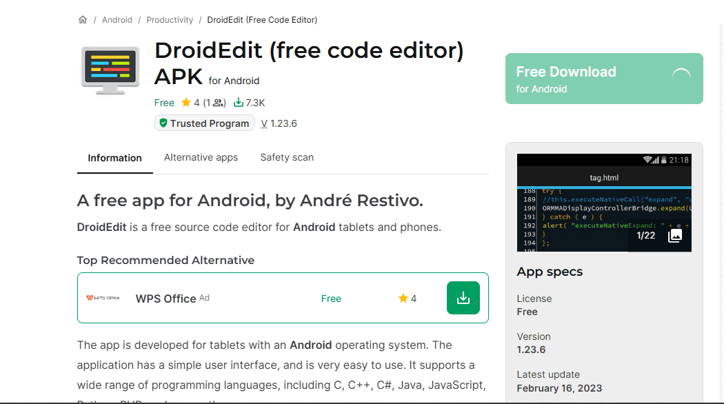 DroidEdit code editor on Android