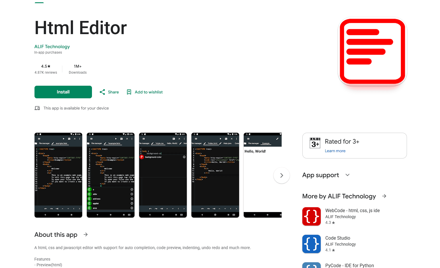 HTML Editor app showing split view with HTML, CSS, and JS panels