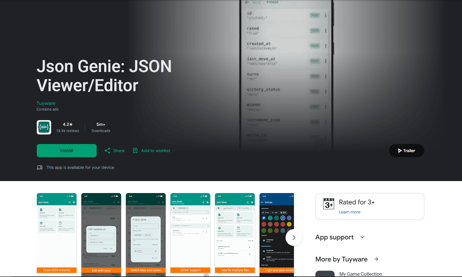 Json Genie Android app showing tree view