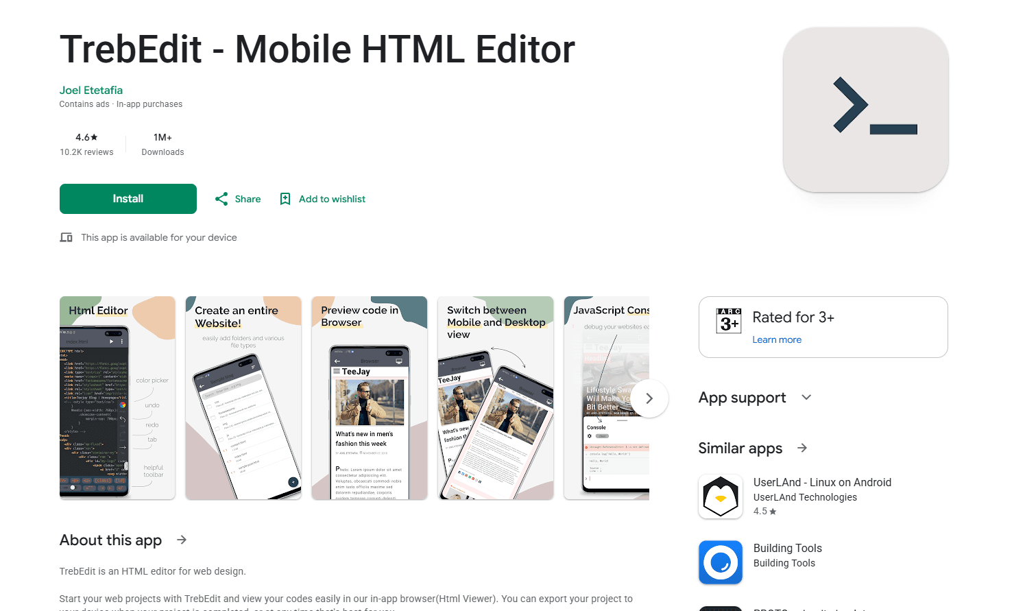 TrebEdit showing HTML editor with live preview panel