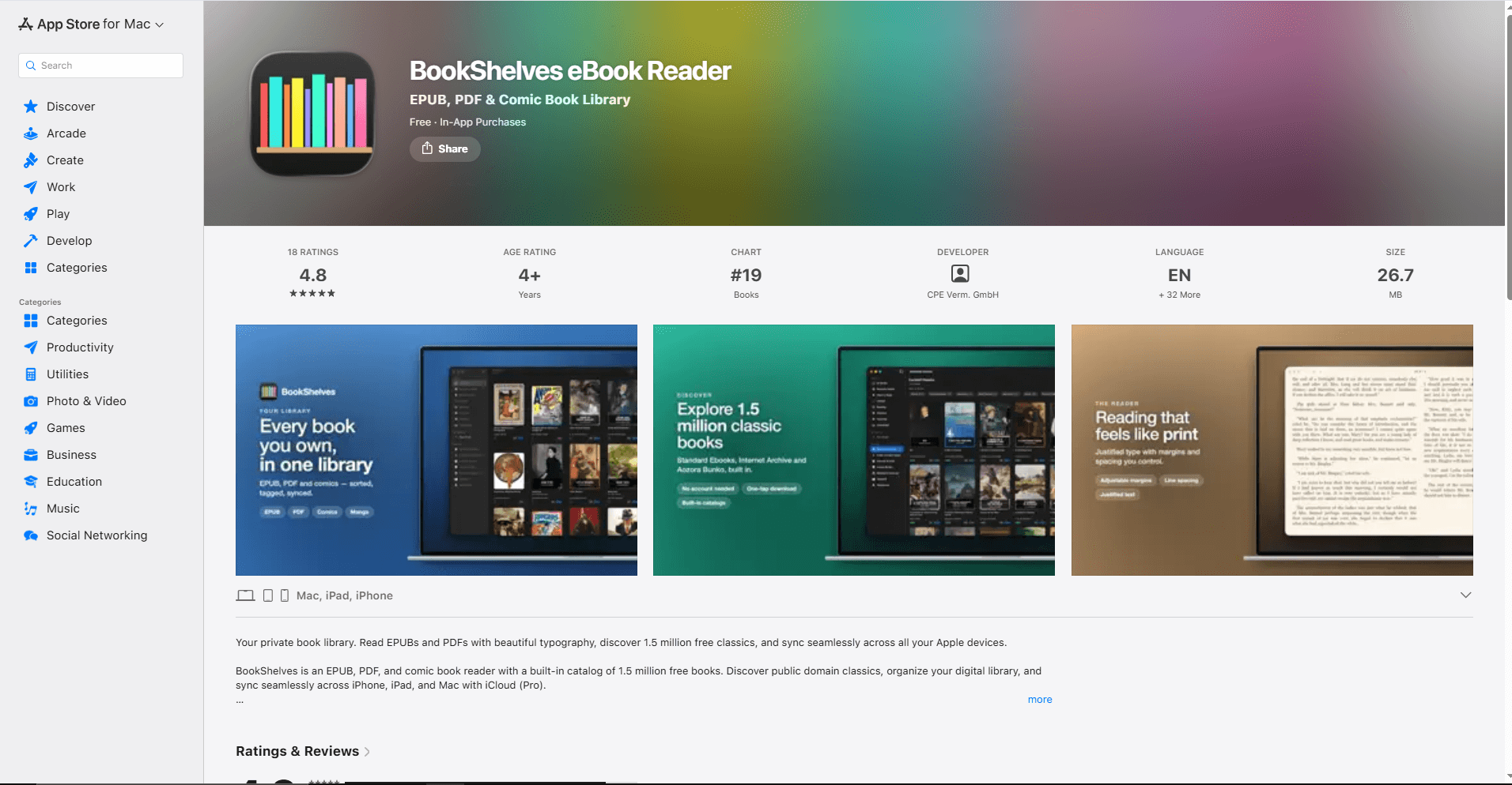 BookShelves eBook Reader on Mac
