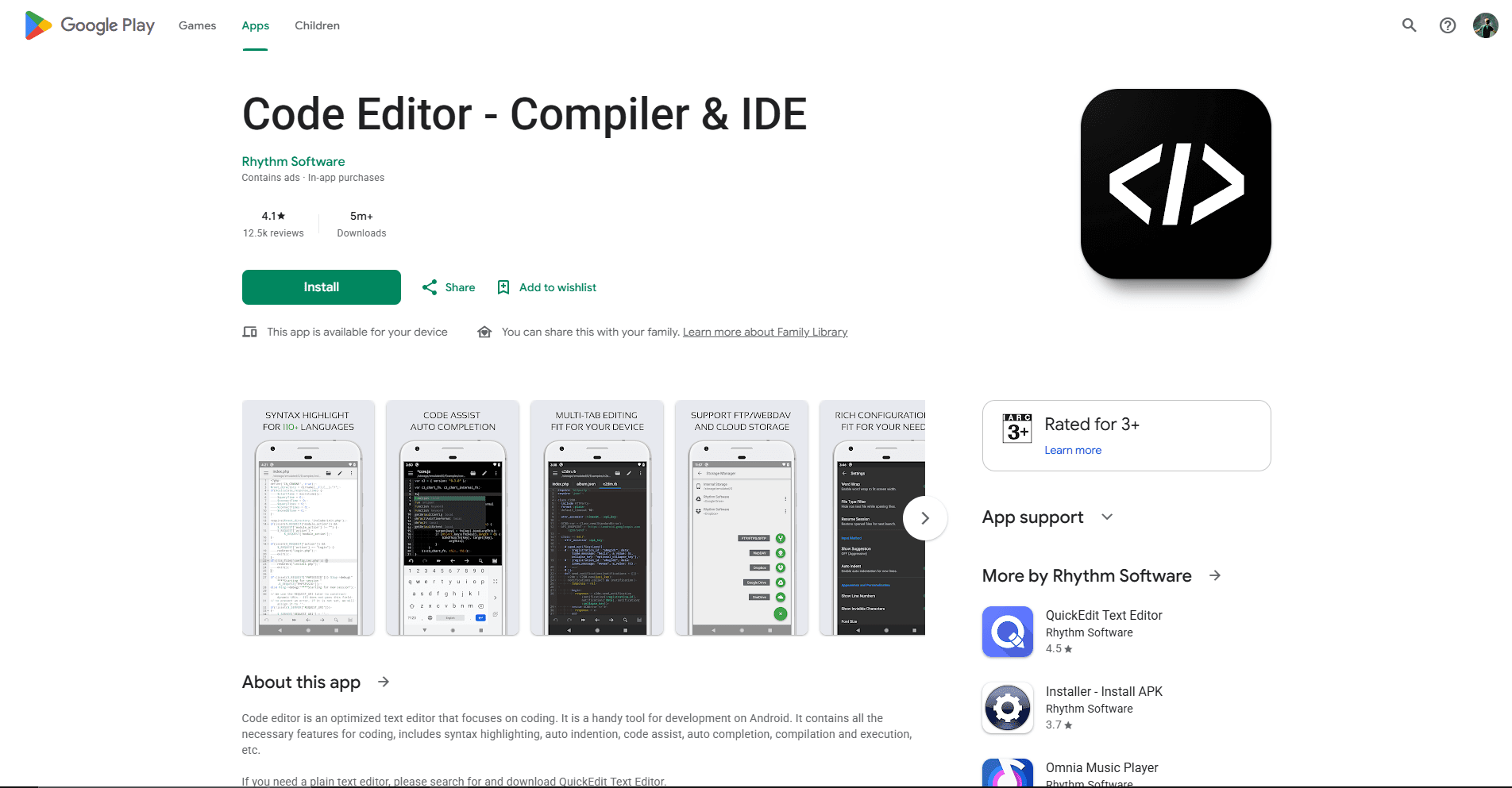 Code Editor Compiler and IDE listing with Android editor screenshots