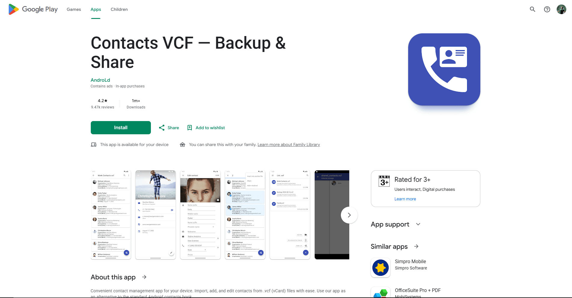 Contacts VCF viewing contacts from a VCF file on Android