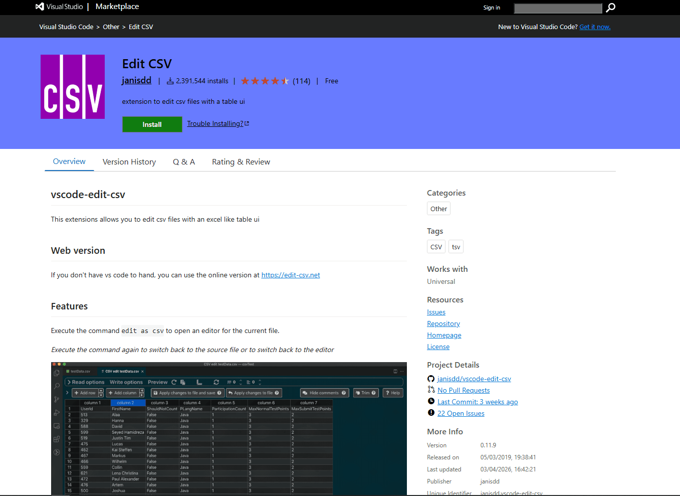 Edit CSV extension interface