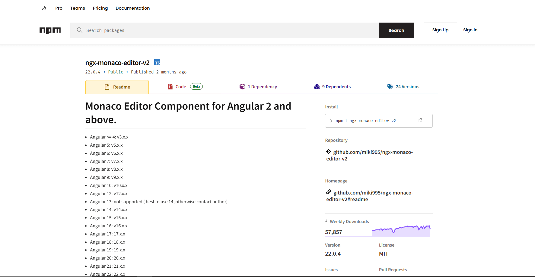 ngx-monaco-editor-v2 package with Angular version support