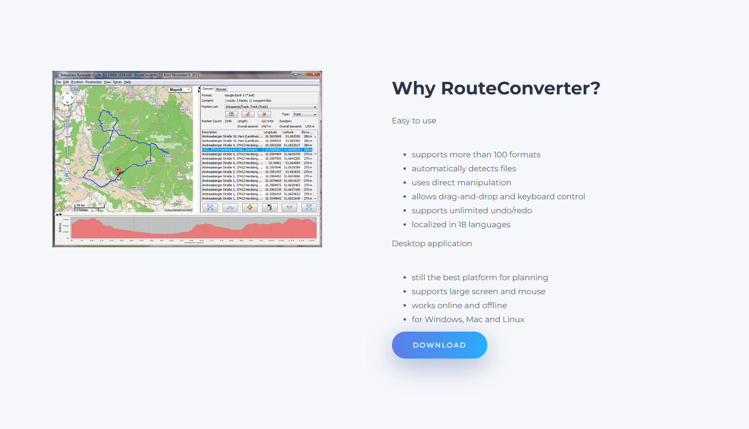 RouteConverter editing and converting GPX data on Windows