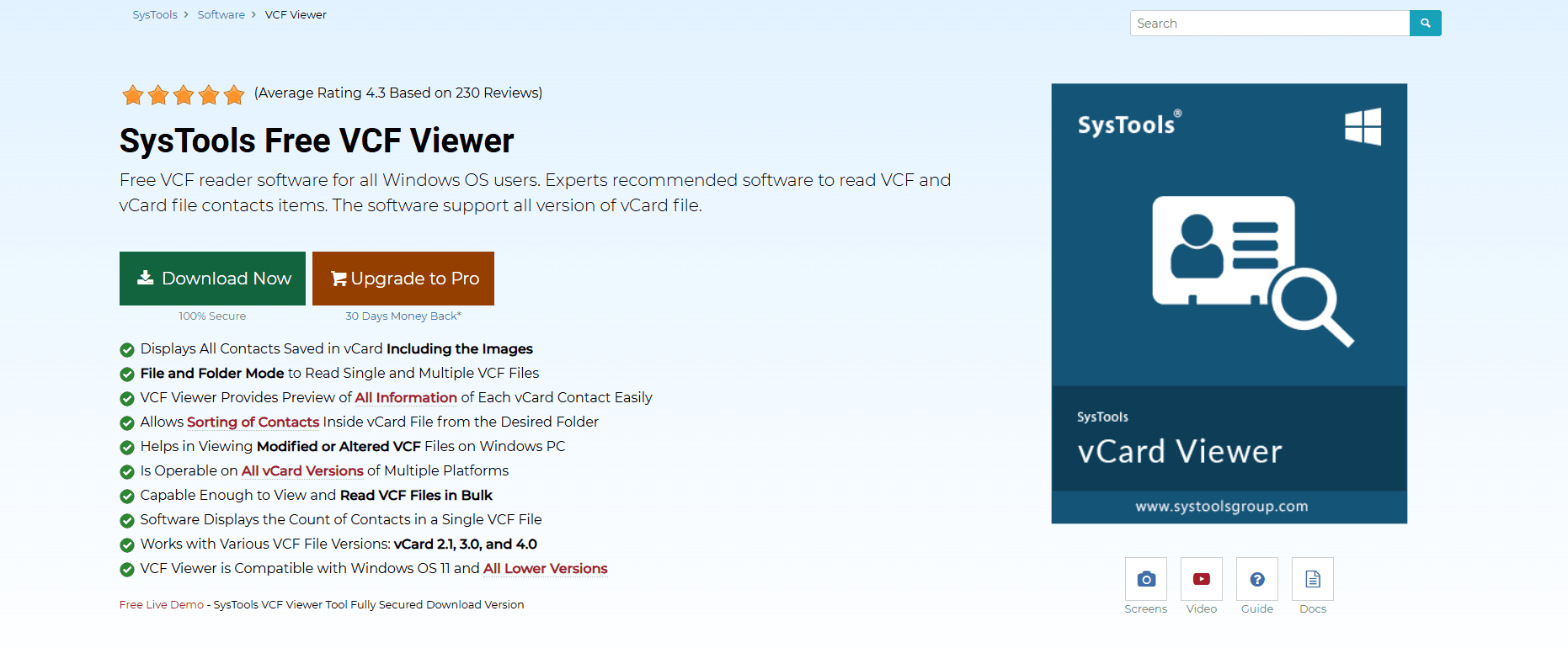 SysTools Free VCF Viewer displaying contacts on Windows