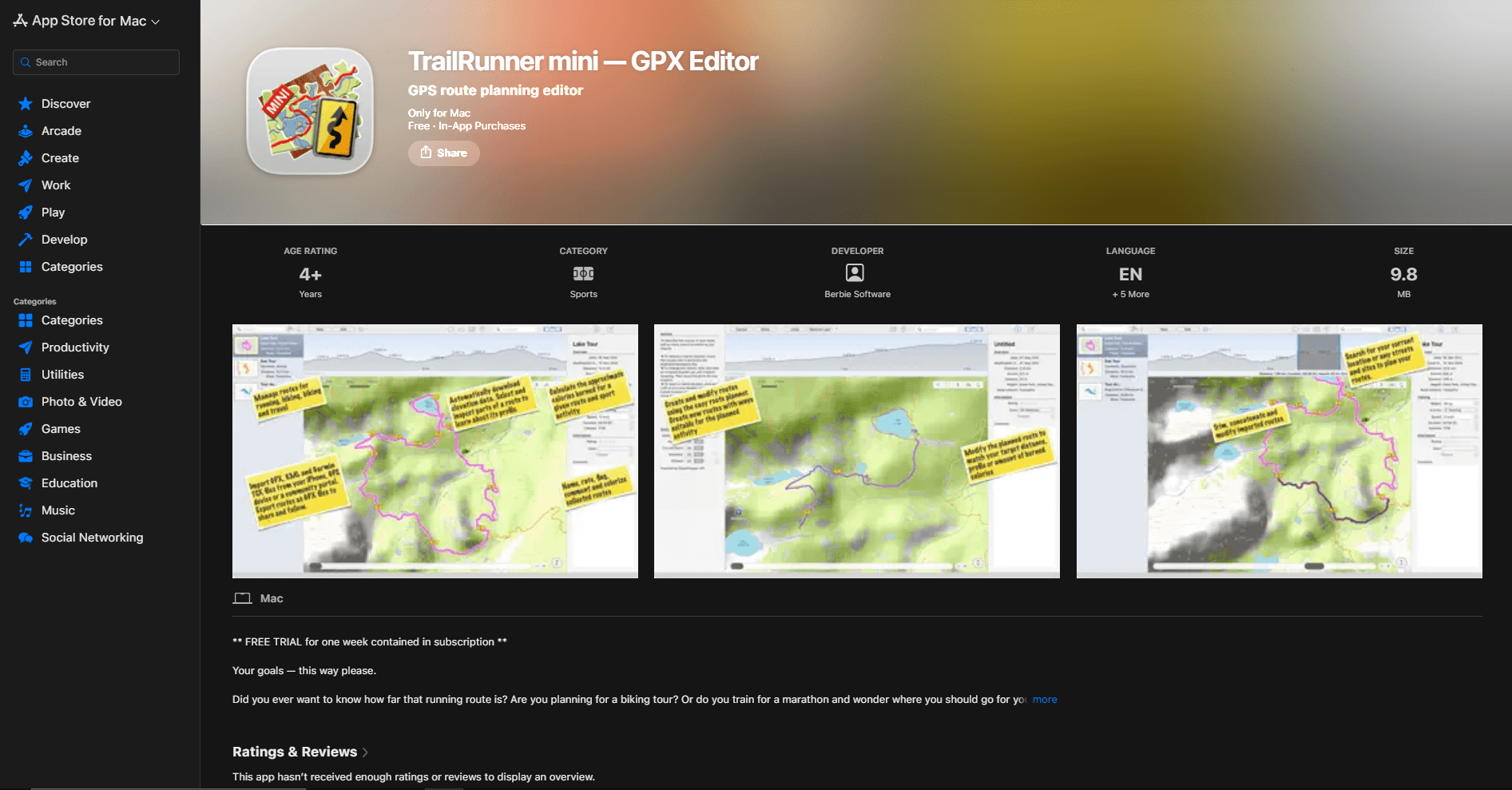 TrailRunner mini planning a GPX route on Mac