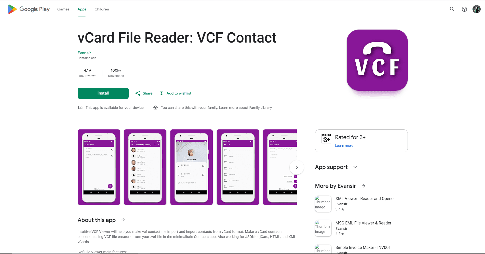 vCard File Reader previewing contacts from a VCF file on Android