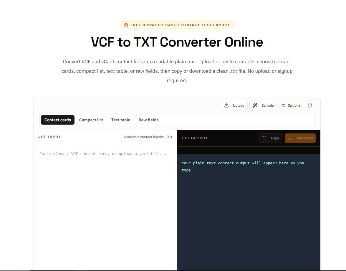 VCF to TXT previewing contacts from a VCF file in an Android browser