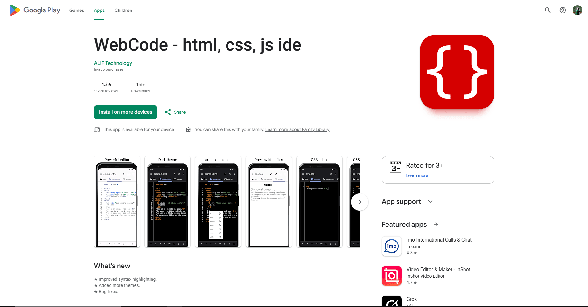 WebCode HTML CSS and JavaScript IDE listing with editor preview screenshots