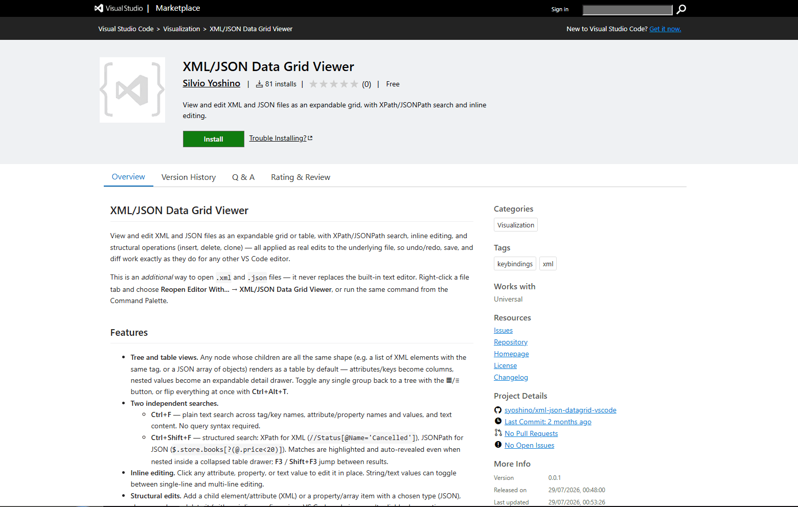 XML and JSON Data Grid Viewer in VS Code