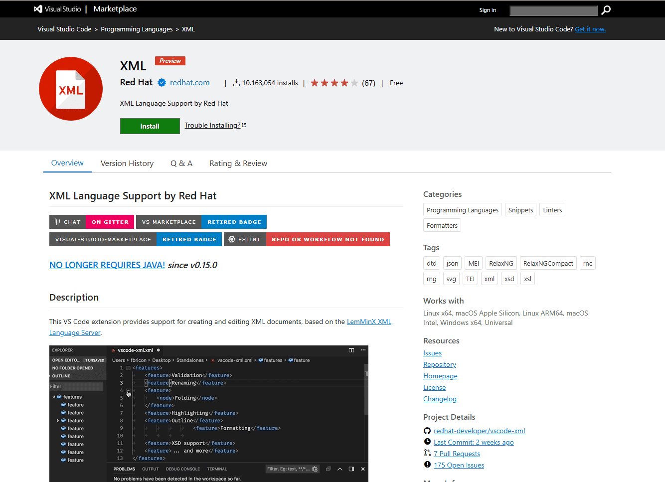Red Hat XML Extension in VS Code